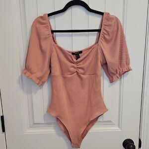 Blush Ribbed Bodysuit with Puff Sleeves